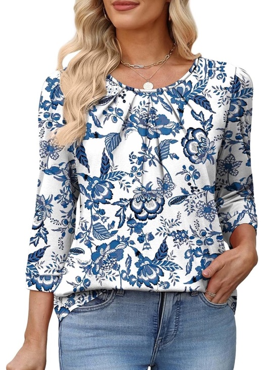 Ofeefan Tops - OFEEFAN Blue White Floral Scoop Neck Top XL